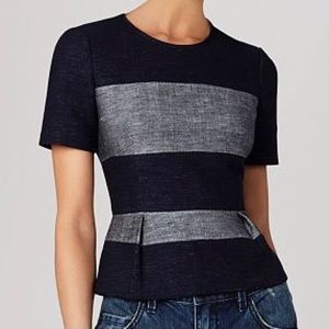 BCBGMaxazria Necole Blocked Peplum Back Slit Zipper Linen Blend Short Sleeve